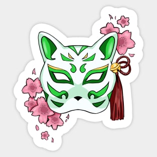 Cherry Blossom Fox Green Mask - A Playful and Elegant Design Sticker